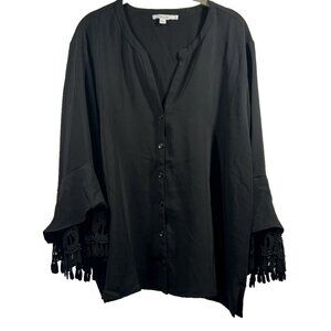 Chicos Women's Top Size 20 XXL 2X Solid Black Bell Lace 3/4 Sleeves‎ Button Up